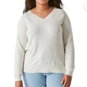 Lucky Brand Women's V-Neck Sweater, Long Sleeves, Side Slits,Cotton Blend, Cream